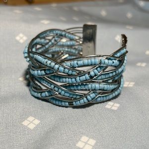 Pale blue and silver beaded cuff bracelet